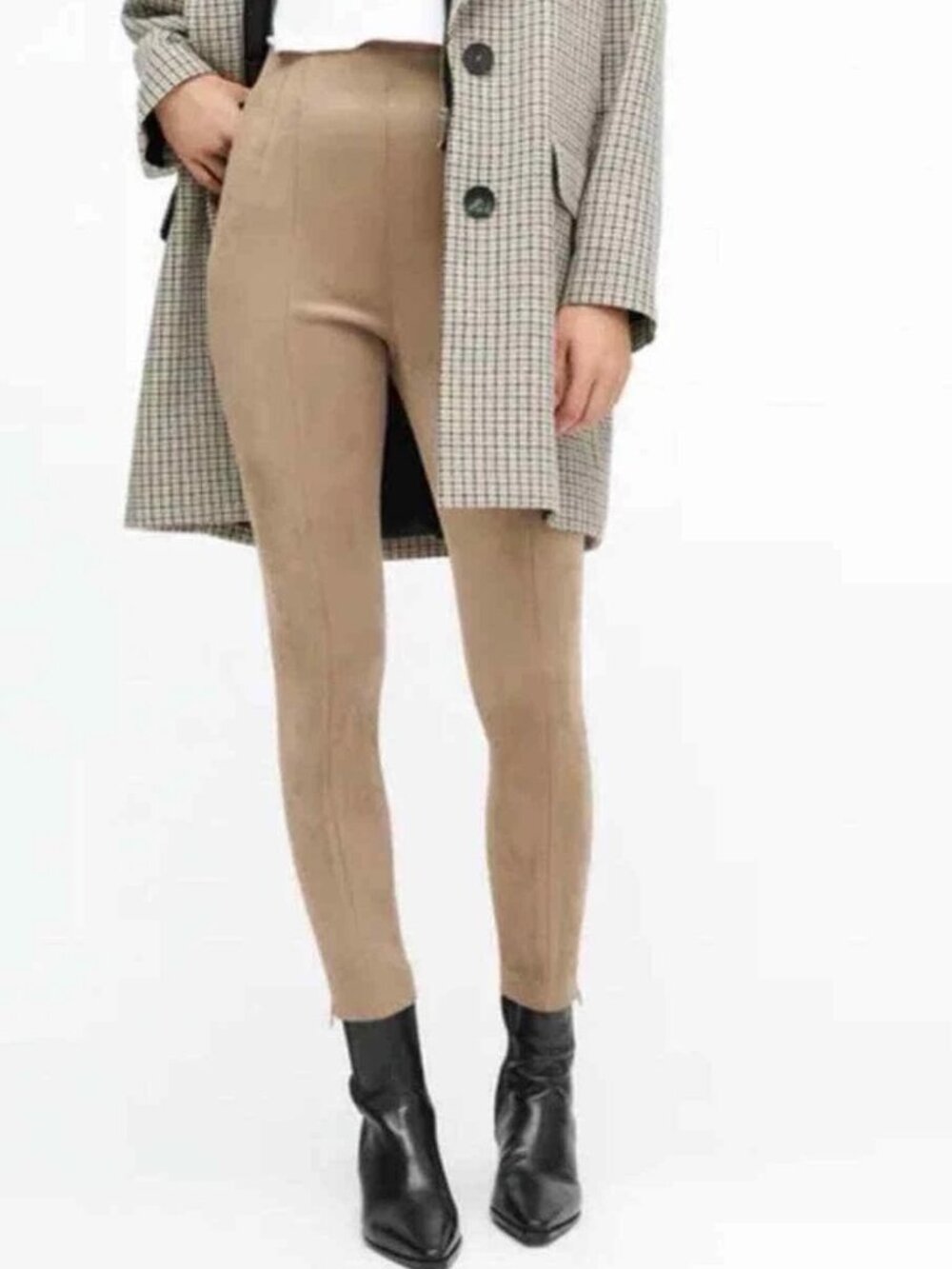Zara Faux Suede High Waist Leggings Tan Ankle Zip Pants M NWOT